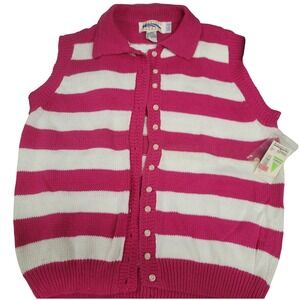 VTG‎ American Weekend Striped Cardigan Sweater Women's L Pink White Button Front